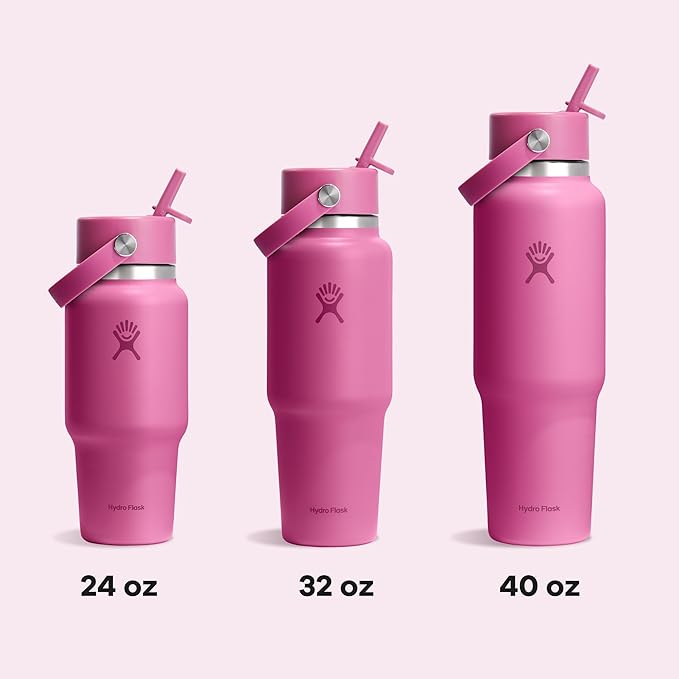 Hydro Flask Travel Water Bottle - Insulated Stainless Steel - Wide Straw Lid, Non Spill, Leakproof in 32 Oz Reef Pink