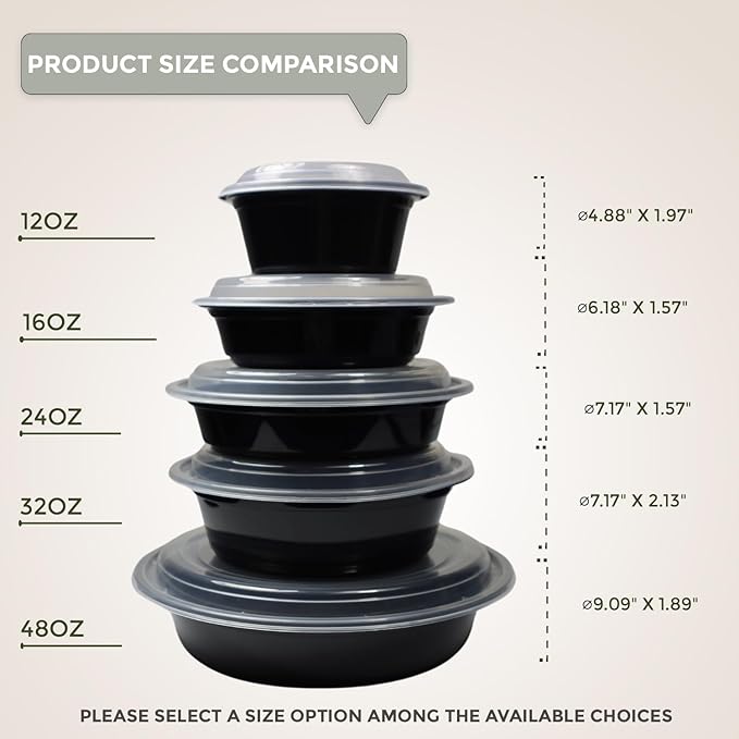 Klex 24 Oz, 150 Sets Meal Prep Containers with Airtight Lids, BPA Free, Reusable Plastic Food Container, 24 oz, Round, Black/Clear, 150 Sets