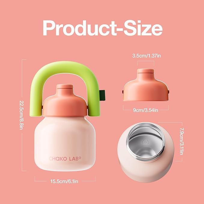 CHAKO LAB Water Bottle with Straw and Carry Handle | Wide Mouth vacuum insulated stainless steel Bottles | Reusable, leak-proof and BPA-free | 33oz (Pink&Green)