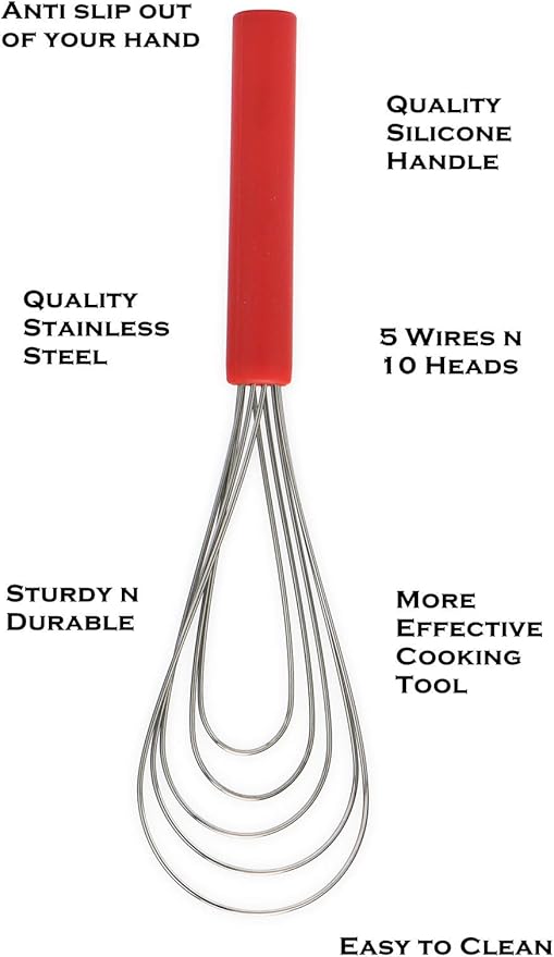 Flat Whisk Silicone Handle Non Slip 10" - 5 Wires Whisk with 10 Heads for Kitchen Cooking Color Red by Jell-Cell