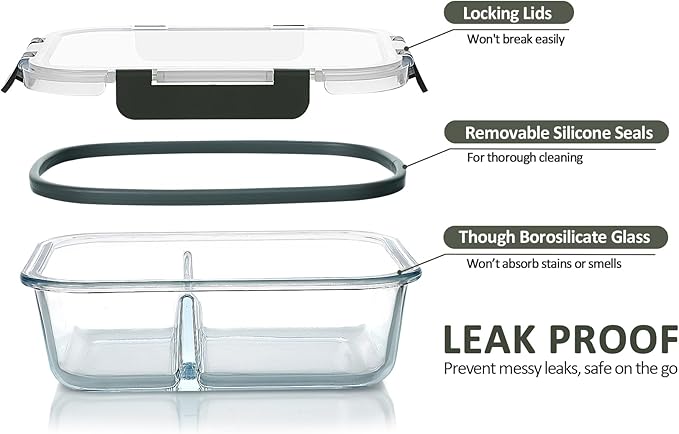 M MCIRCO 10-Pack,30 Oz Glass Meal Prep Containers 2 Compartments Airtight Lunch Bento Boxes with Lids, Glass Food Storage Containers, Microwave, Oven, Freezer and Dishwasher