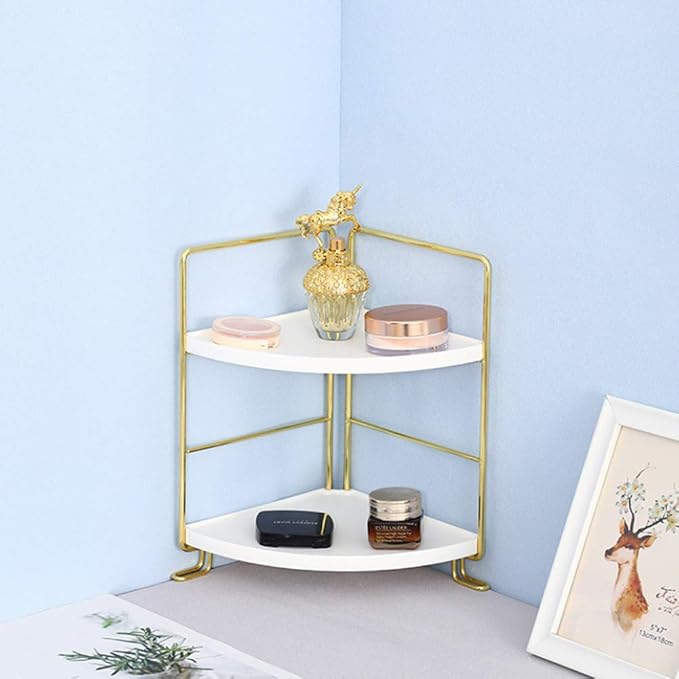 2-Tier Kitchen Spice Rack-Corner Bathroom Shelf- Triangle Standing Storage Rack for Bathroom, Living Room, Bedroom, Kitchen (Golden)