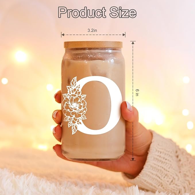 Coolife Initial Glass Cup, Monogrammed Gifts for Women, 16 oz Glass Cups w/Lids Straws, Iced Coffee Smoothie Beer Tumbler w/Straw Lid - Personalized Christmas, Birthday Gifts for Her Mom Friend Woman