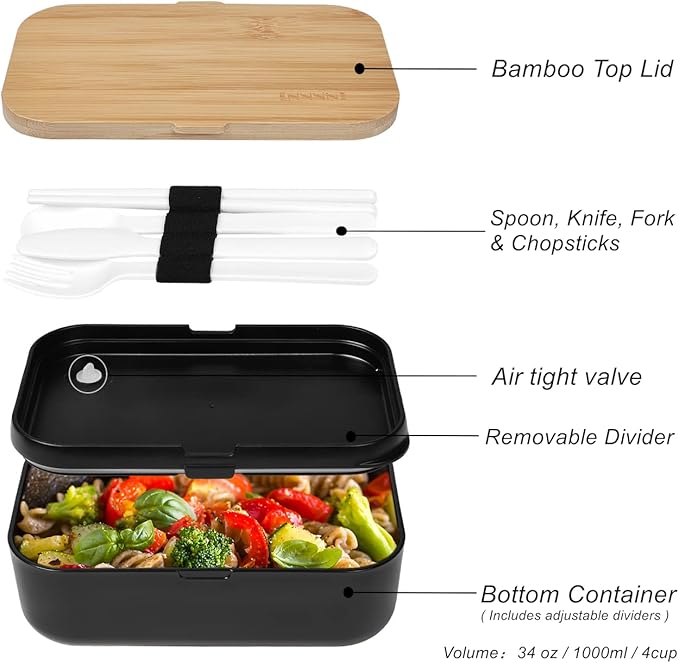 Bento Box Lunch Box Containers for Adults - Natural Bamboo Lid, Cutlery & Chopsticks, Lunch Box for Women, Microwave Safe, Dishwasher Safe, Bpa Free, Leakproof, Men