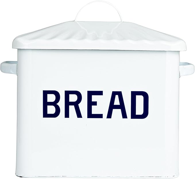 Creative Co-Op Chic Farmhouse Enameled Bread Box with Lid, "Bread" Message, White and Navy