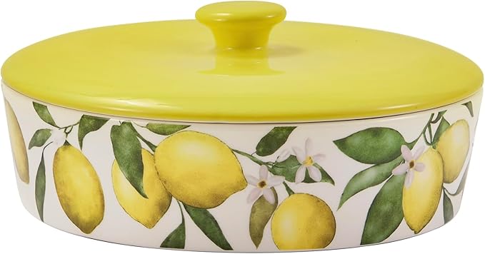 Bico Lemon Dreams Ceramic Tortilla Warmer, 8.9 Inch Tortilla Holder with Lid for Taco Bread Pancake for Mexican Night and Party, Microwave and Dishwasher Safe