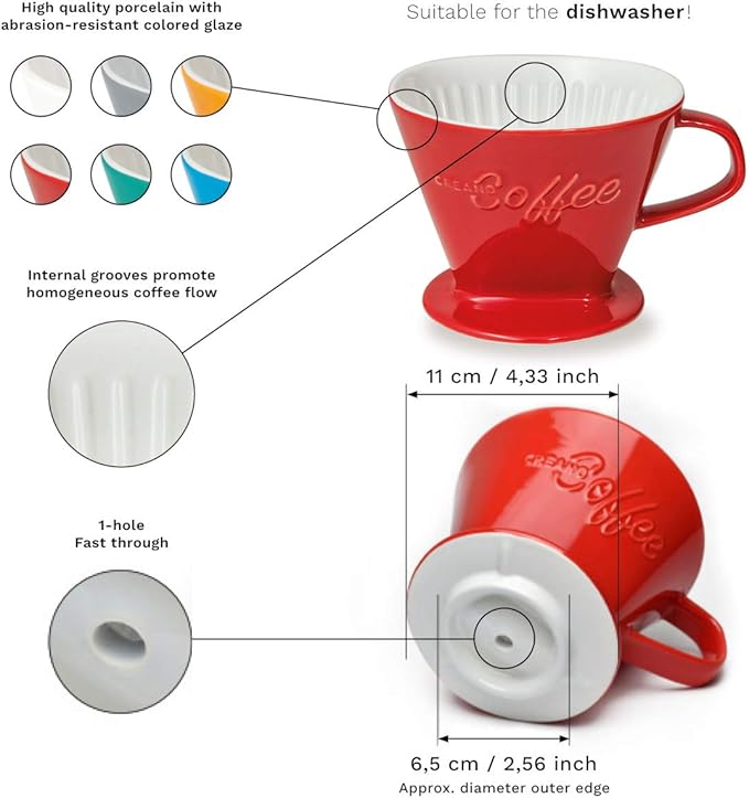 Creano XXL Porcelain Coffee Dripper Green - Ceramic Cone Brewer - Pour Over Coffee Maker - Filter Size 4 - huge and heavy quality 800gr/28oz - 6 Colours availeble