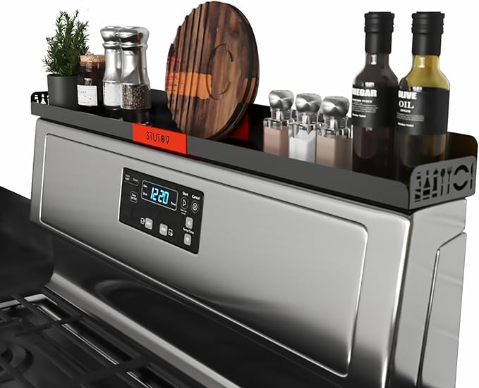 30" Magnetic Stove Top Shelf – Black Spice Rack with Red Logo and Seasoning Organizer – Kitchen Shelf for Back of Stove – Over Stove Rack and Storage Organizer