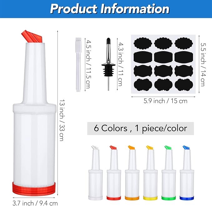 Ruisita 6 Pack Plastic Pour Bottles with Stainless Steel Pourer - Tapered Spout for Liquor and Juice Store (34 Ounces, Multicolor)