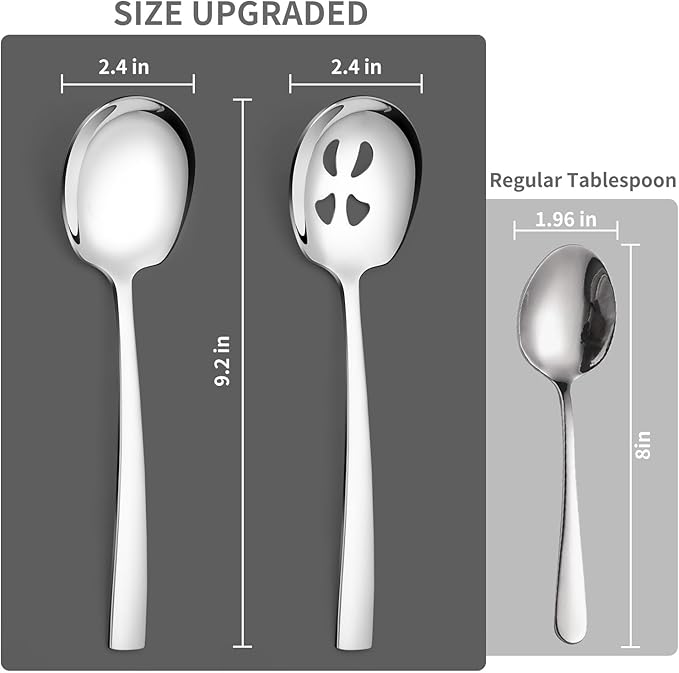 6 Piece Stainless Steel Serving Spoons Set - 3 Large, 3 Slotted, 9.2-Inch, Dishwasher Safe, for Parties/Kitchen/Buffet/Catering