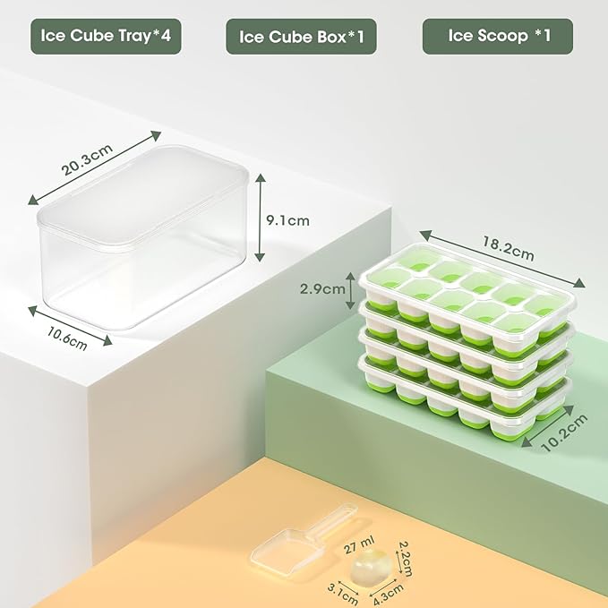 DOQAUS Ice Cube Tray with Lid and Bin, 4 Pack Silicone Plastic Ice Cubes Trays for Freezer with Box/Container, Stackable with Storage Iced Bucket Kits, Scoop, for RV, Soup, Food, Cocktail, Coffee
