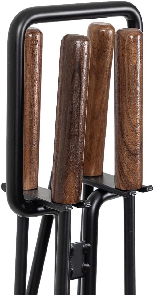 Modern Ember Levi 5 Piece Fireplace Tool Set in Black with Walnut Wood Handles | Includes Brush, Shovel, Fire Poker, Tongs, and Stand | Heavy-Duty Steel | Heat-Resistant Powder Coating