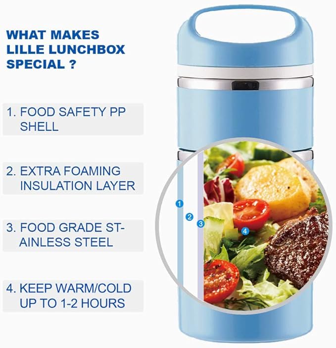 Lille Home Stackable Stainless Steel Thermal Compartment Lunch/Snack Box, 3-Tier Insulated Bento/Food Container with Lunch Bag, Utensils Set and Three Extra Seals, 43OZ (Blue)