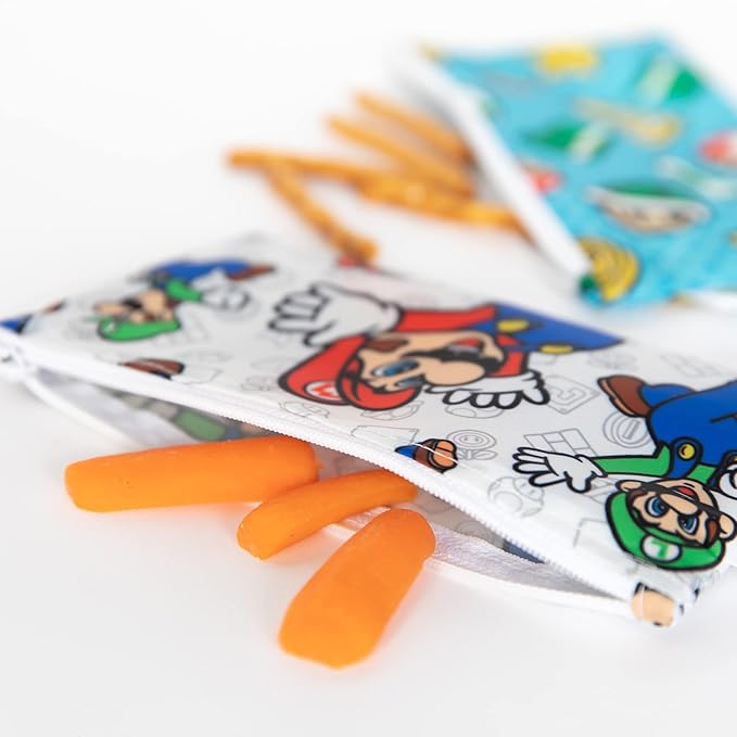 Bumkins Nintendo Reusable Snack Bags, for Kids School Lunch and for Adults Portion, Washable Fabric, Waterproof Cloth Zip Bag, Supplies Travel Pouch, Food-Safe, 2-pk Super Mario