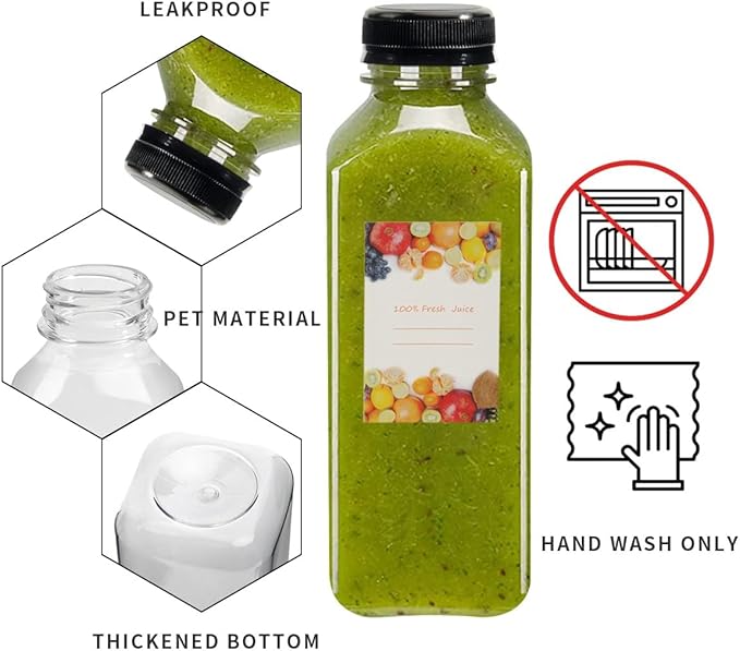 YULEER Plastic Juice Bottles with Caps 12PCS 12OZ Reusable Juice Bottles with Leakproof Lids, Brush, Funnel & Labels Clear Juice Containers for Juicing, Smoothies and Homemade Beverages