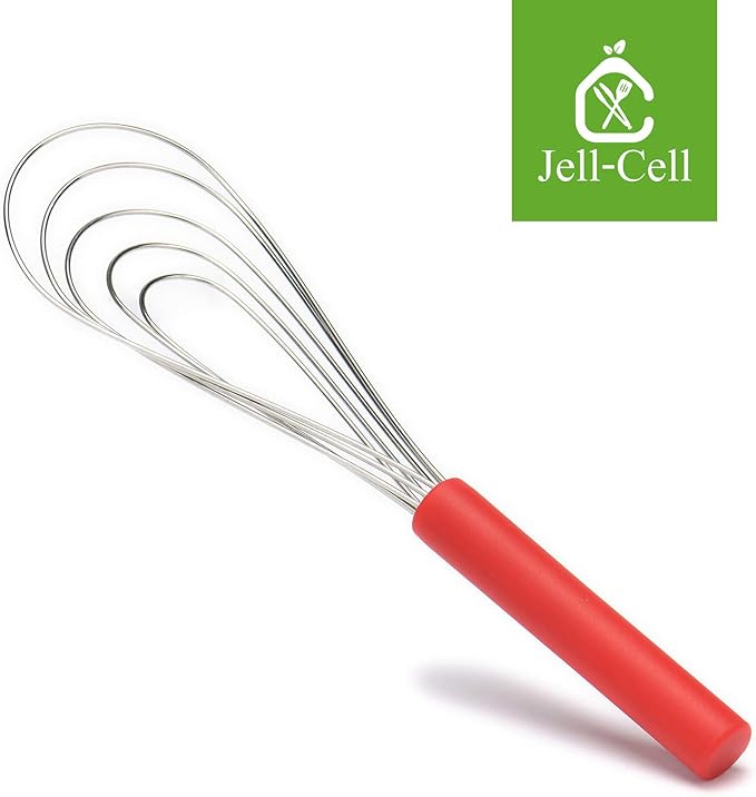 Flat Whisk Silicone Handle Non Slip 10" - 5 Wires Whisk with 10 Heads for Kitchen Cooking Color Red by Jell-Cell
