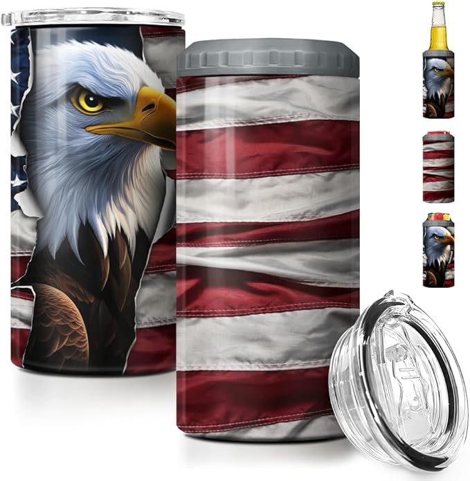 SANDJEST Eagle Tumbler American Flag 4 in 1 12oz Can Cooler Coozie Skinny Stainless Steel Tumbler Gift for Men Dad Father Travel Veteran Day 4th of July