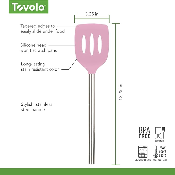 Tovolo Slotted Silicone Spatula Turner Slotted Stainless Steel Handle 10" Pink Sorbet Heat Resistant Non Toxic BPA Free Kitchen Utensil, Silicone Egg Pancake Flipper Metal Handle Turner for Cooking