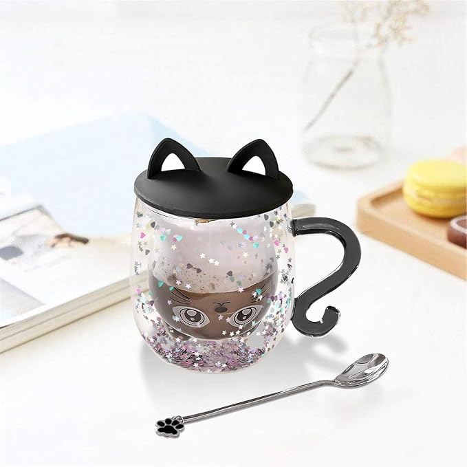 Gifts for Women Cat Gifts Double Walled Glass Coffee Latte Cup Cute Stuff Black Cat Mug Gifts for Her Christmas Stocking Fillers,Birthday,Valentines,Halloween Presents for Women,Men,Kid,Mum,Teacher