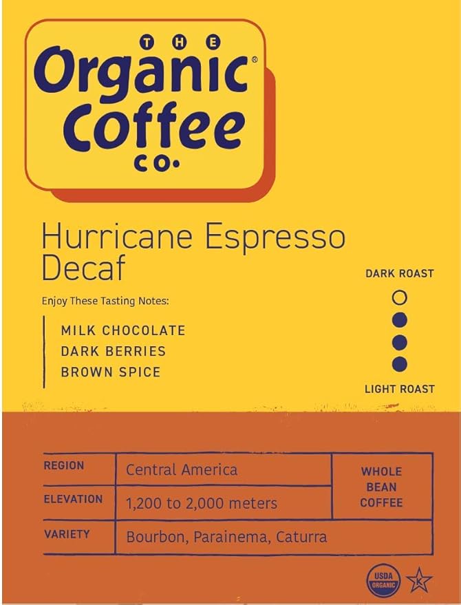 Organic Coffee Co. DECAF Hurricane Espresso Whole Bean Coffee 2LB (32 Ounce) Medium Dark Roast Natural Water Processed Decaffeinated USDA Organic