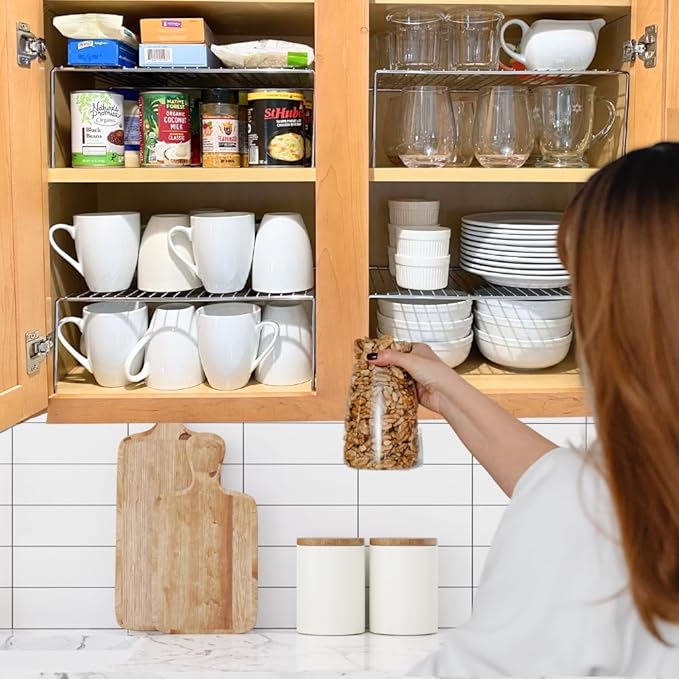 Evelots Kitchen Cabinet Wire Shelf Organizer/Rack - 4 Pack Sturdy Large Metal Shelf Risers - Double Your Counter Space - Great for Kitchen, Freezer, Pantry and Bathroom - Rustproof - Chrome