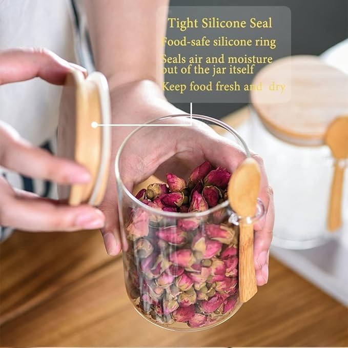 Spice Jars, Overnight Oats Containers with Airtight Lid and Spoon, Decorative Kitchen Canisters Set, Glass Storage Containers for Coffee, Tea, Sugar, Spice, Bath Salt, 18Oz/530ML (3PCS)