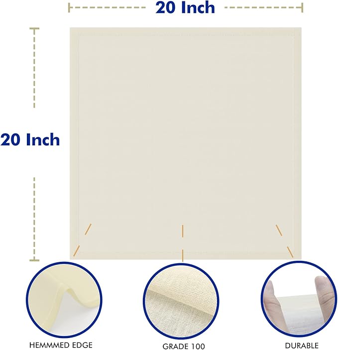 4 PCS Reusable Cheesecloth, Grade 100, 20x20 Inch Hemmed Cheese Cloth for Straining Craft, 100% Cotton Unbleached Cloth Strainer for Cooking, Baking, Juicing, Cheese Making