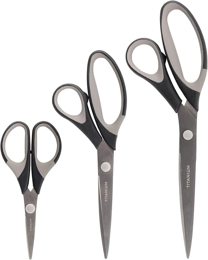 BambooMN Titanium Softgrip Scissors Set for Sewing, Arts, Crafts, Office - 10 Sets of 3 - Black w/Grey Inlays