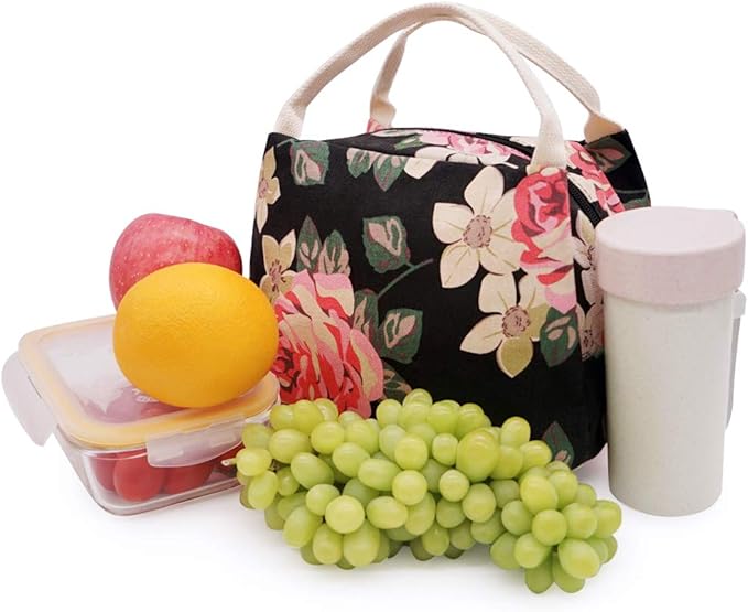 EurCross Floral Lunch Bag Classic for Women Girls, High Grade Cotton Canvas Insulated Lunch Box Bag Hold Bento Box or Round, Square and Uniquely Shaped Lunch Containers, Small Light Weight for Carry