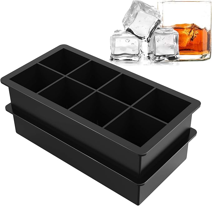 Ice Cube Trays Large Size Silicone Square Ice Cube Molds for making 8 Giant Ice Cubes for Whiskey and Cocktails, Keep Drinks Chilled, Reusable and BPA Free 2 Pack