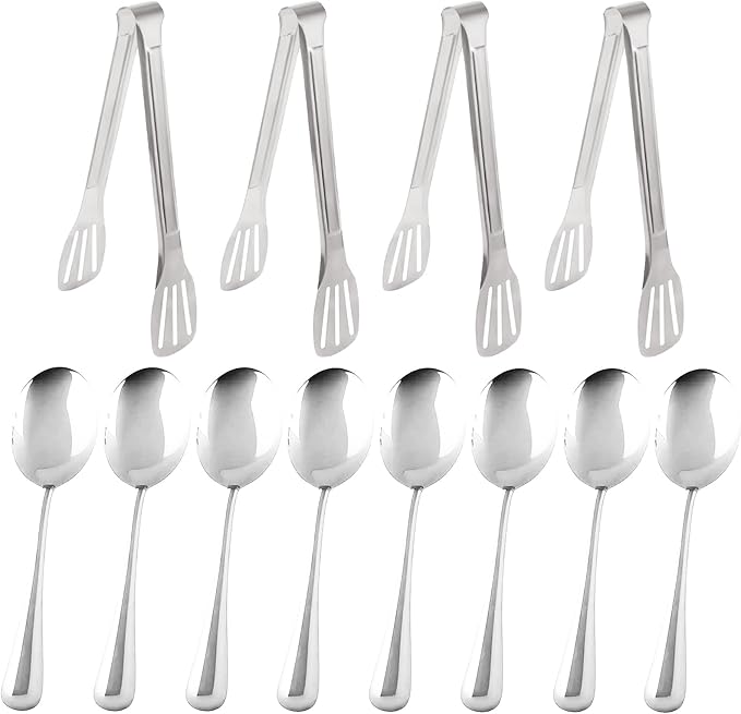 12PCS Stainless Steel Serving Utensils Sets,8 Large Serving Spoons,4 Serving Tongs,Silver Serving Utensills Sets for Buffet Catering Banquet Party (Silver)