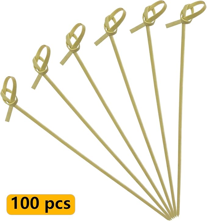 BLUE TOP Bamboo Cocktail Picks 100 PCS Bamboo Skewers 6 Inch with Looped Knot, Food Picks,Party Toothpicks for Appetizers,Cocktail Drinks,Barbecue Snacks,Club Sandwiches.