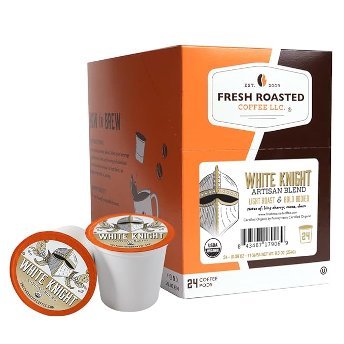 Fresh Roasted Coffee, Organic White Knight | USDA Organic, Kosher | Light Roast 24 Pods for K Cup Brewers