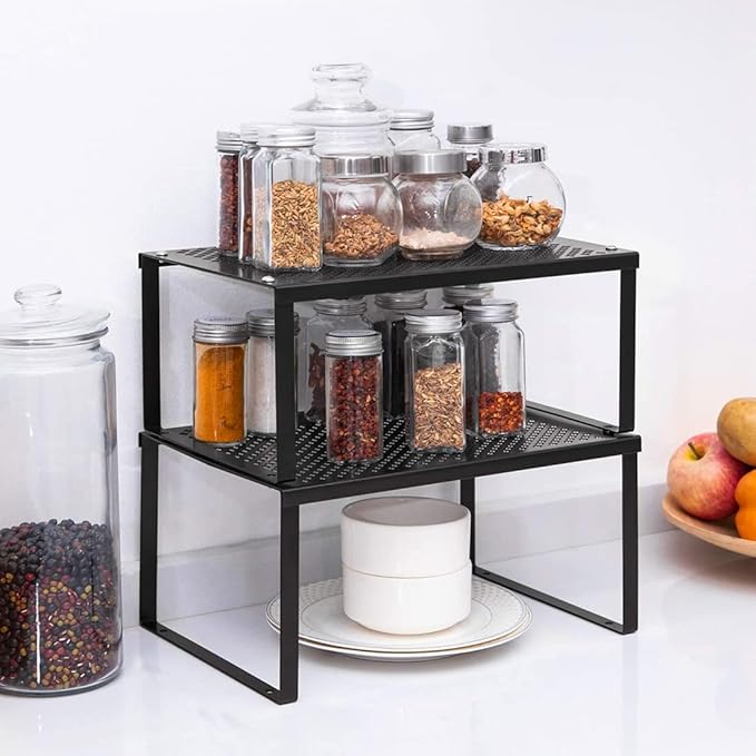 NEX Kitchen Cabinet And Counter Shelf Organizer, Expandable & Stackable, Black