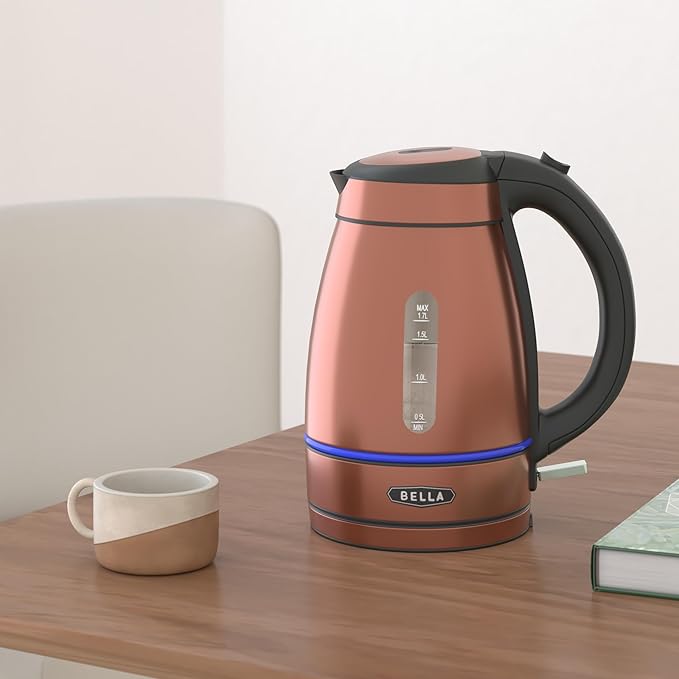 BELLA 1.7 Liter Electric Illuminated Glass Kettle, Quickly Boil Water for Tea, Coffee, Instant Soup and More, Safely Pour with Automatic Shut Off & Detachable Swivel Base, Chrome/Copper Finish