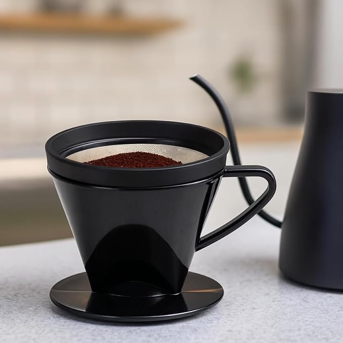 Fino Pour-Over Reusable Coffee Brewing Cone with Gold-Toned Mesh Permanent Coffee Filter, Number 2-Size, Black