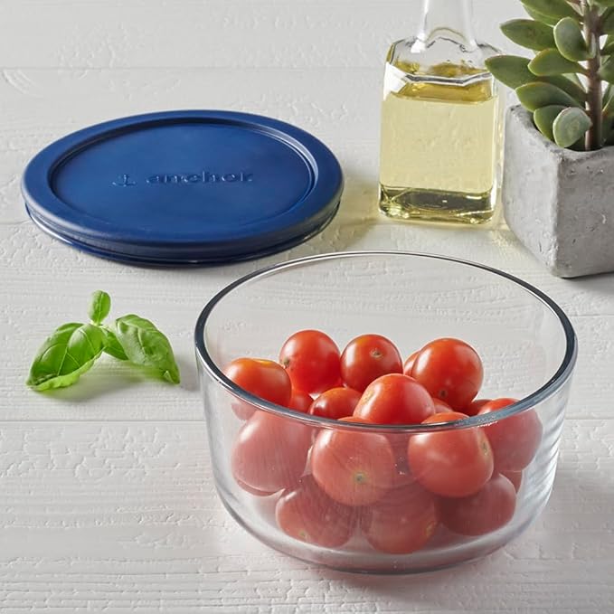 Anchor Hocking 2 Cup Glass Storage Containers with Lids, Set of 4 Glass Food Storage Containers with Navy SnugFit Lids