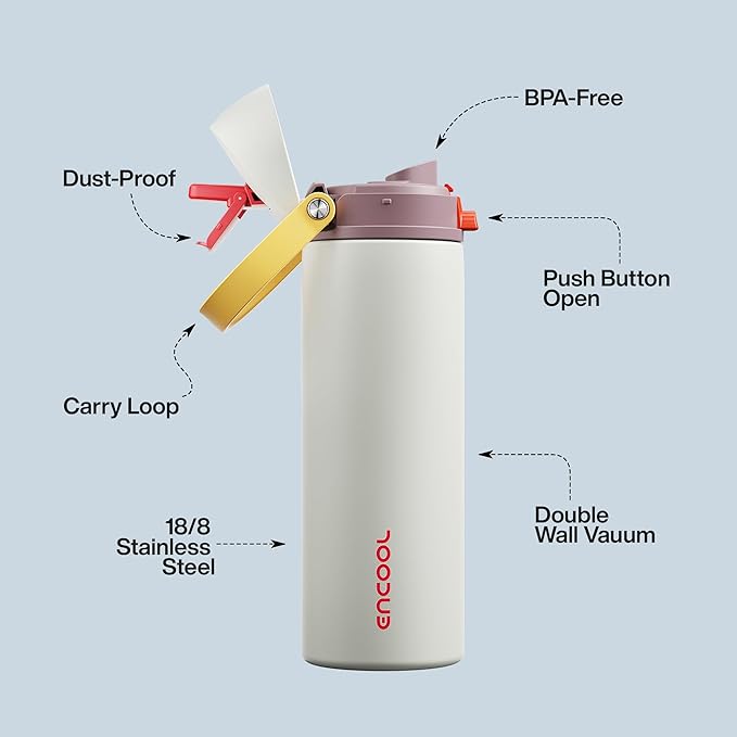 Insulated Water Bottle with Straw - Encool Stainless Steel Water Bottle with Push Button Lid, Leak-Proof & BPA-Free, Keeps Cold for 24 Hours for Sports, Travel, Gym (24 oz, Quill Grey-Red)