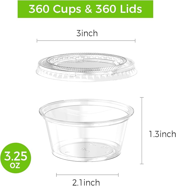 360 Set 3.25 oz Jello Shot Cups with Lids, Sturdy & Food Safe Disposable Plastic Portion Condiment Dipping Sauce Cups, Small Containers for Salad Dressing