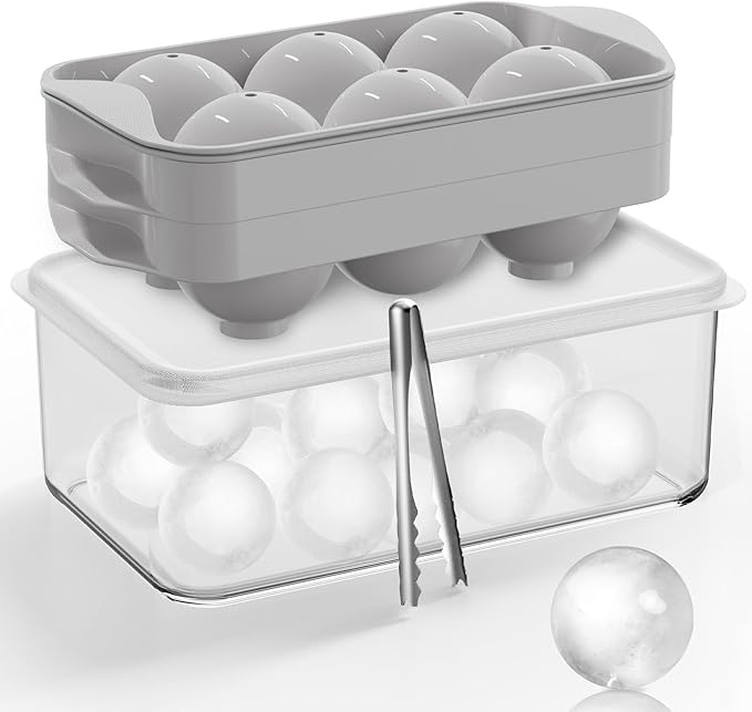 Whiskey Ice Ball Maker with Lid and Bin, 1.9" Round Ice Cube Trays for Freezer, Large Sphere Whisky Ices Cubes Tray Circle with Bucket&Tong, Cocktail Bourbon Brandy Scotch(Gray-6 Balls*2 Pack)
