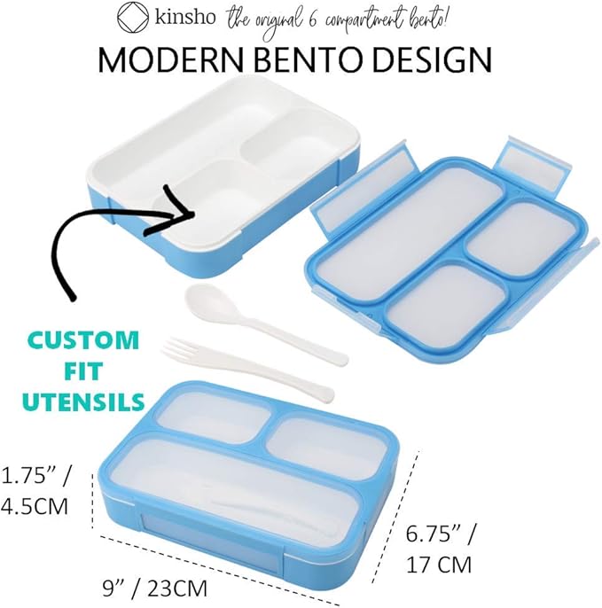 Bento Lunch Box Kids & Adults, Lunch and Snack Containers for Boys & Girls with 3 Compartments - School, Work Daycare, Meal Planning Portion Control Container, BPA-Free Boxes, Utensils, Blue 1 pack