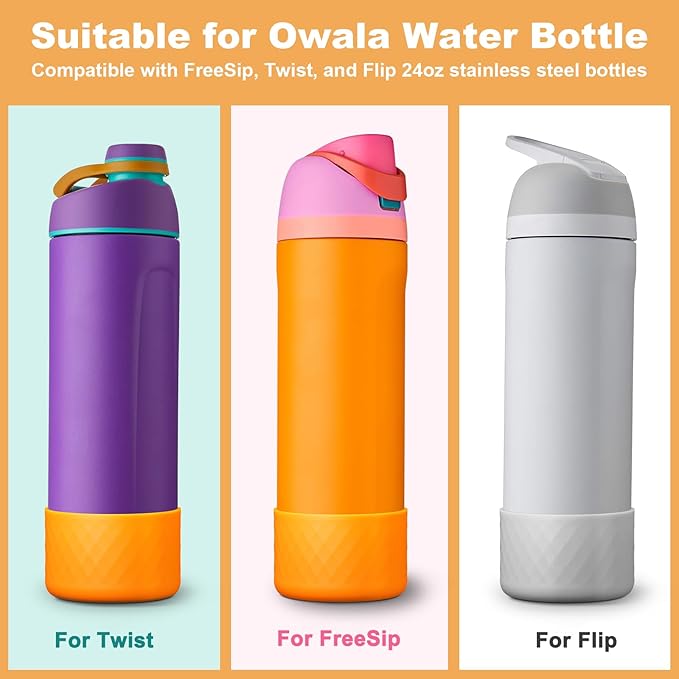 2PCS Silicone Water Bottle Boot for Owala 24oz, Protective Bottom Bumper Anti-Slip Sleeve for FreeSip, Twist, and Flip Stainless Steel Bottles, Dishwasher Safe and BPA Free