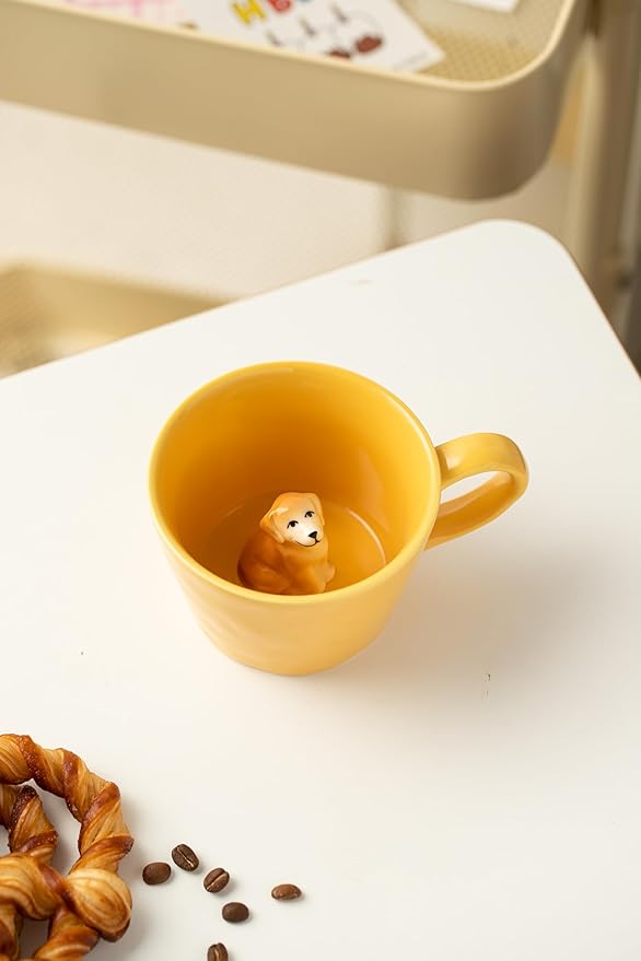 DIHOclub Dog Coffee Cup Hidden Ceramic Animal Inside Mug,Cute Cartoon Handmade Figurine Mugs,Holiday and Birthday Gift for Coffee Milk Tea Lovers,12 Oz(yellow)