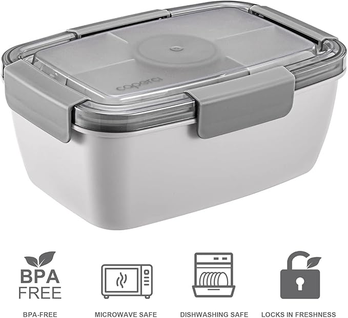 Caperci Large Salad Container for Lunch - Better Adult Bento Lunch Box 68 oz, 5-Compartment Tray, 2pcs 3-oz Sauce Cups, Stackable, BPA-Free (Gray)
