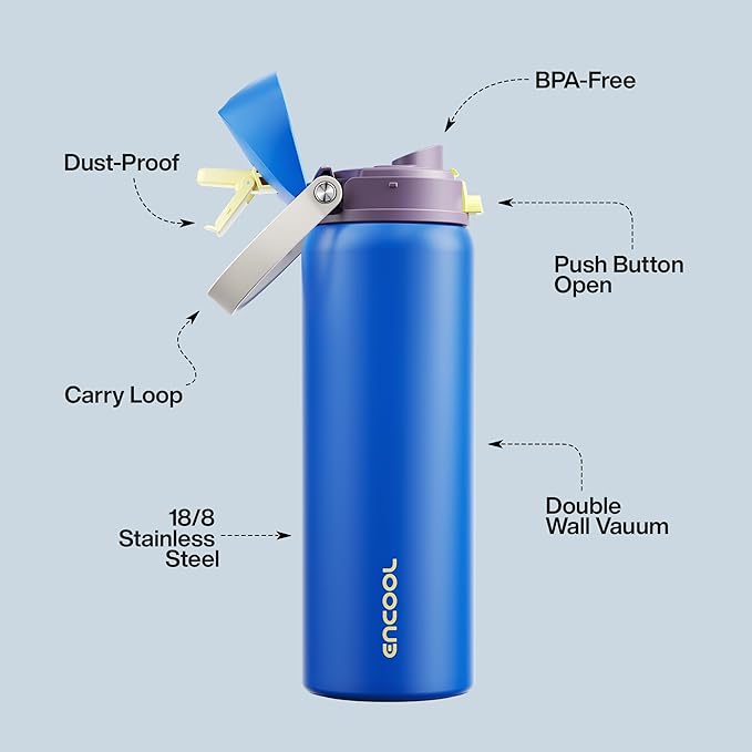 Insulated Water Bottle with Straw - Encool Stainless Steel Water Bottle with Push Button Lid, Leak-Proof & BPA-Free, Keeps Cold for 24 Hours for Sports, Travel, Gym (32 oz, Sapphire)