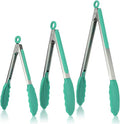 Kitchen Tongs, U-Taste 7/9/12 inches Cooking Tongs, with 600ºF High Heat-Resistant Non-Stick Silicone Tips, 18/8 Stainless Steel Handle, for Food Grill, Salad, BBQ, Frying, Serving, Pack of 3(Teal)