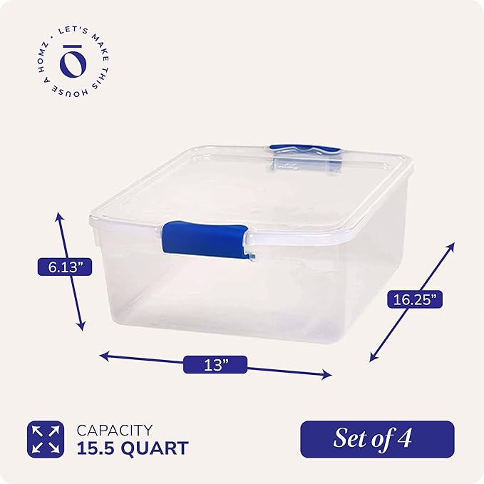 HOMZ 4-Pack Latching Lid, Small Clear Plastic Storage Bins w/ Lids, 15.5 Quart, Blue Latch - Stackable Container Boxes for Home, Bathroom, and Office Organization