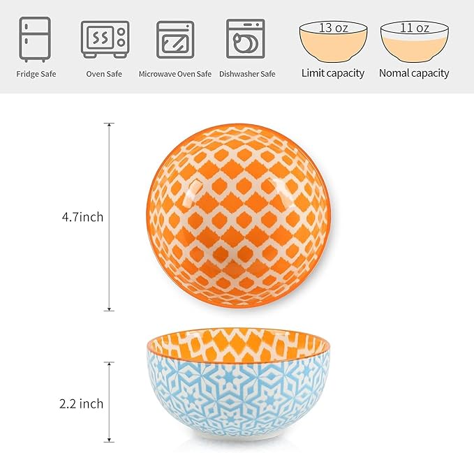 Selamica Ceramic 12 OZ Dessert Bowls Set, Ice Cream Bowls, 4.7 Inch Small Bowls for Ice Cream, Snack, Side Dishes, Microwave Dishwasher Safe, Set of 6