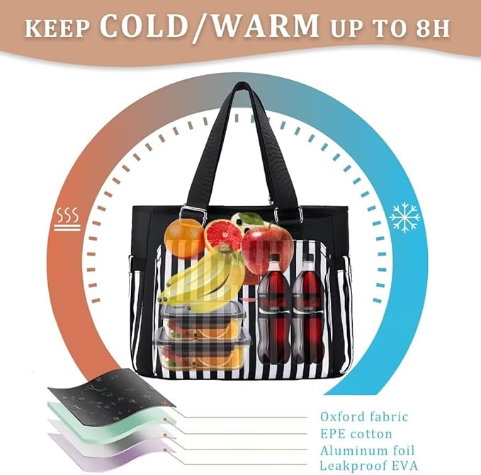 Large Women Lunch Bags for Work/Insulated Adult Lunch Box for Women. Reusable Lunch Cooler Purse for Work Picnic Hiking 14L, Black Stripes