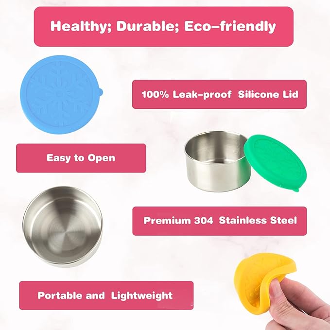LALASTAR Stainless Steel Food Containers with Lids, Set of 3 Reusable Snack Containers (110 ml, 220ml, 400ml), Leakproof Silicone Lids, Metal Food Storage Containers for Snack, Lunch, Bento, Sauce